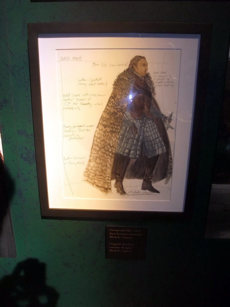 Original sketch of Eddard Stark`s costume by costume designer Michele Clapton at `Game of Thrones: the Exhibition` at the Posthoornkerk church, with explanation