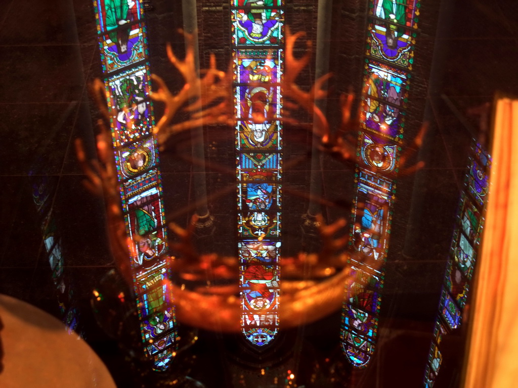 Stained glass windows and Joffrey Baratheon`s crown at `Game of Thrones: the Exhibition` at the Posthoornkerk church