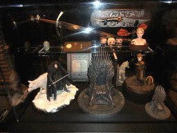 Scale models of the Iron Throne, statuettes and other objects at `Game of Thrones: the Exhibition` at the Posthoornkerk church