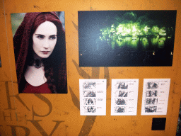 Storyboard and photographs of Melisandre and the Battle of Blackwater Bay at `Game of Thrones: the Exhibition` at the Posthoornkerk church, with explanation