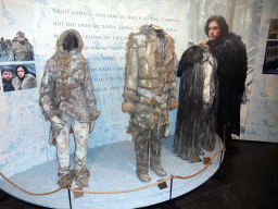 Costumes of Ygritte, a Wildling and Jon Snow at `Game of Thrones: the Exhibition` at the Posthoornkerk church