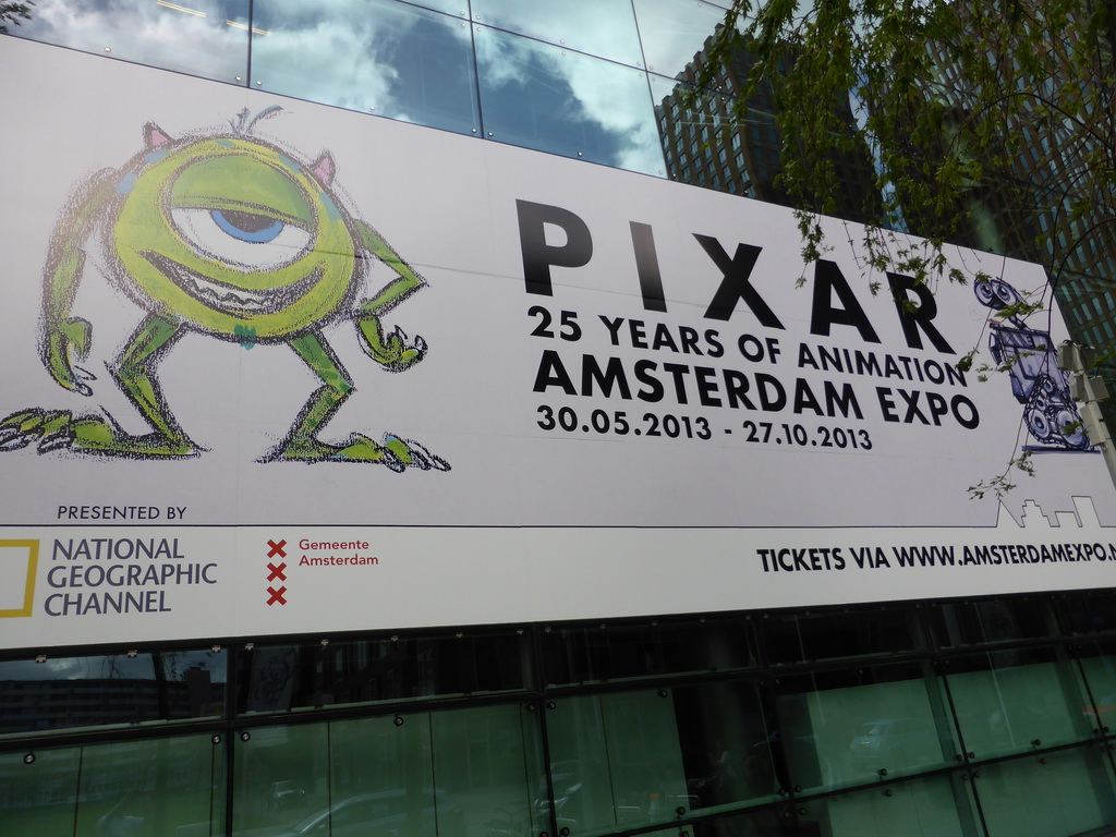 Poster of the Pixar exhibition at the front of the Amsterdam Expo building