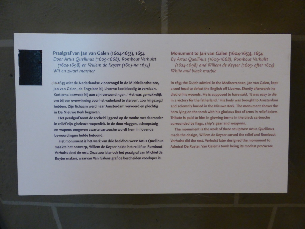 Explanation on the Monument to Jan van Galen, at the Nieuwe Kerk church