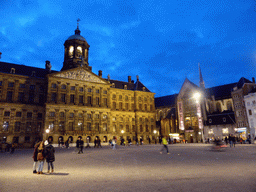 The Dam square with the Royal Palace Amsterdam and the Nieuwe Kerk church, by night