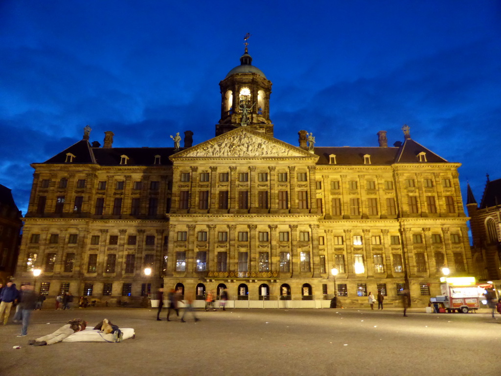 The Dam square with the Royal Palace Amsterdam, by night