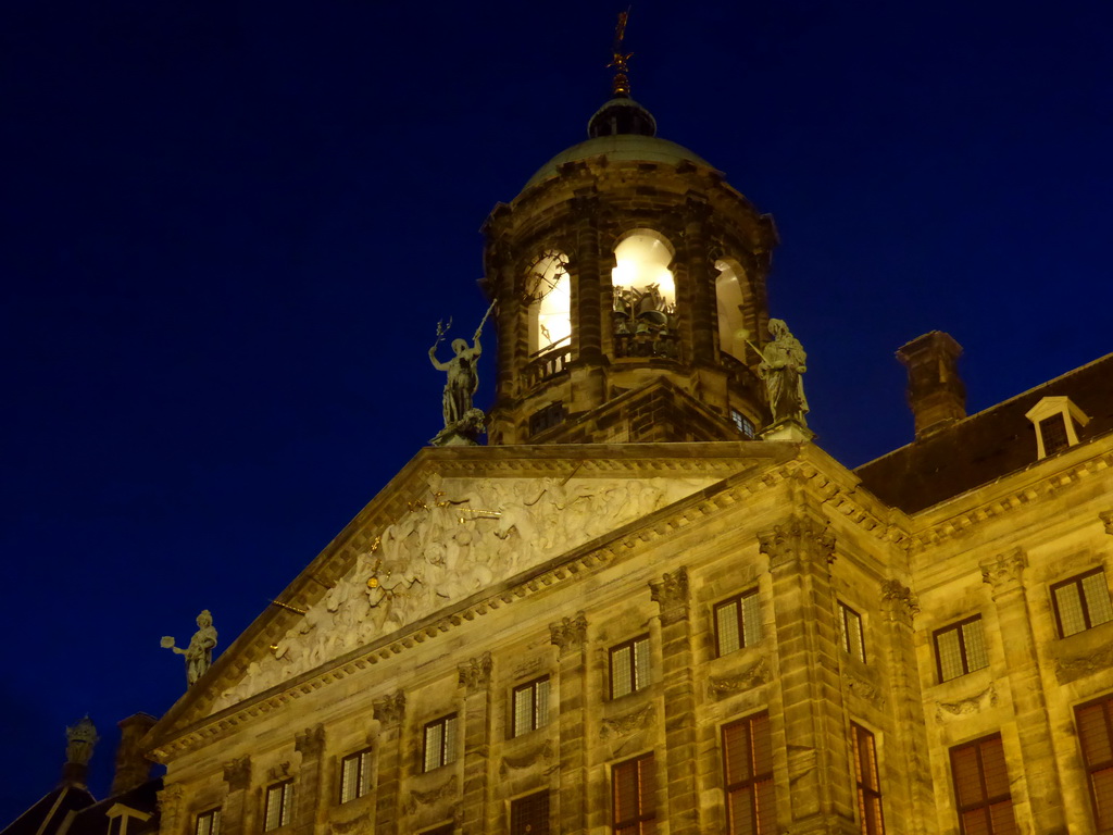 Facade and tower of the Royal Palace Amsterdam, by night