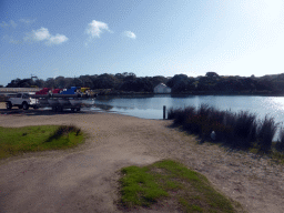 Boats on a car at the parking place next to the Great Ocean Road, with a view on the Anglesea river and the Lions Park Reserve