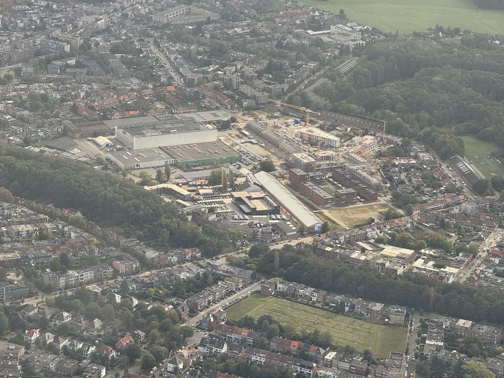 Buildings at the town of Mortsel, viewed from the airplane from Antwerp
