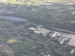 The town of Duffel and the Duffel Railway Bridge over the Beneden-Nete river, viewed from the airplane from Antwerp