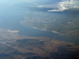 The northwest coast of Turkey with the towns of Gelibolu, Çardak and Lapseki and the 1915 Çanakkale Bridge over the Dardanelles Strait, viewed from the airplane from Antwerp