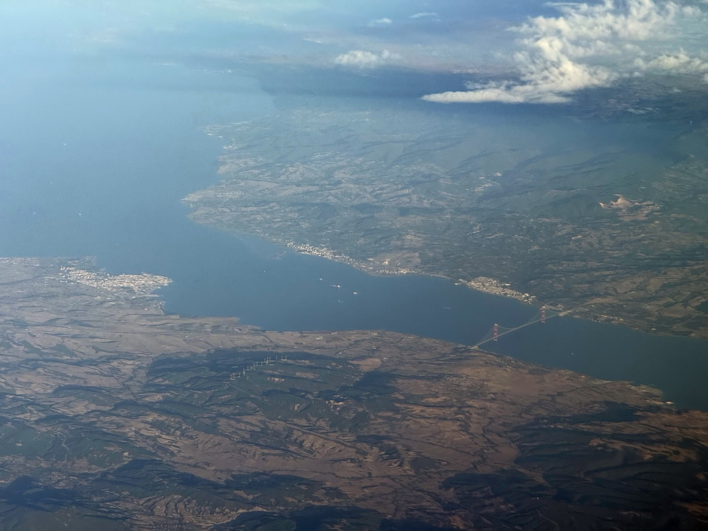 The northwest coast of Turkey with the towns of Gelibolu, Çardak and Lapseki and the 1915 Çanakkale Bridge over the Dardanelles Strait, viewed from the airplane from Antwerp