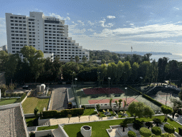 Sports fields at the Rixos Downtown Antalya hotel, the Özkaymak Falez Hotel, the city center and the Gulf of Antalya, viewed from the balcony of our room