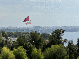 Flags, the city center and the Gulf of Antalya, viewed from the balcony of our room at the Rixos Downtown Antalya hotel