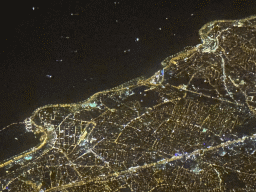 The southeast coastline of the city of Istanbul, viewed from the airplane to Antwerp, by night