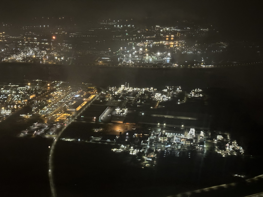 The harbour of Antwerp, viewed from the airplane to Antwerp, by night