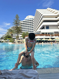 Tim and Max at the swimming pool at the garden of the Rixos Downtown Antalya hotel