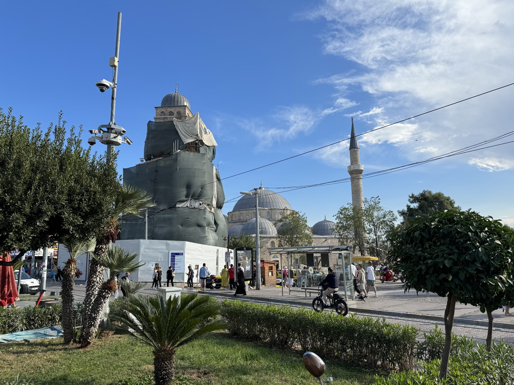 The Cumhuriyet Caddesi street, the Antalya Saat Kulesi tower, under renovation, and the Tekeli Mehmet Pasa Mosque