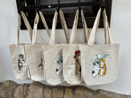 Bags with cat print in front of the Aydede Turkish Towels store at the Hidirlik Sokak alley
