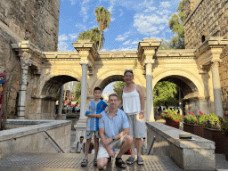 Tim, Miaomiao and Max at the west side of Hadrian`s Gate at the Imaret Sokak alley