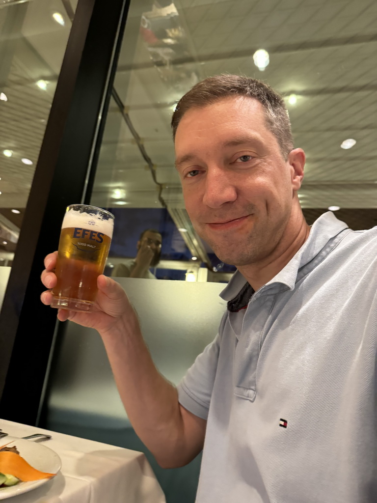 Tim with an Efes beer at the Panoramic Restaurant at the Rixos Downtown Antalya hotel