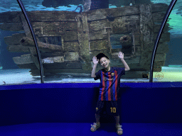 Max with the ship wreck at the Pirate Treasures section of the World`s Biggest Tunnel Aquarium at the Ground Floor of the Aquarium at the Antalya Aquarium