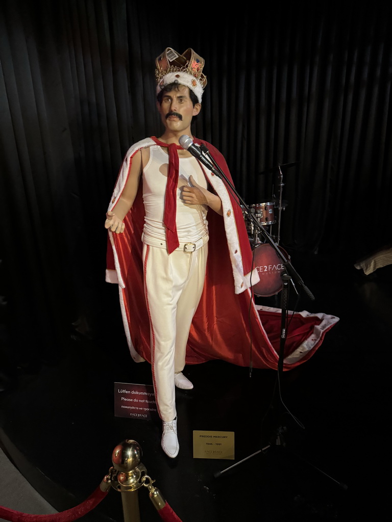 Statue of Freddie Mercury at the Face 2 Face Wax Museum at the Antalya Aquarium, with explanation