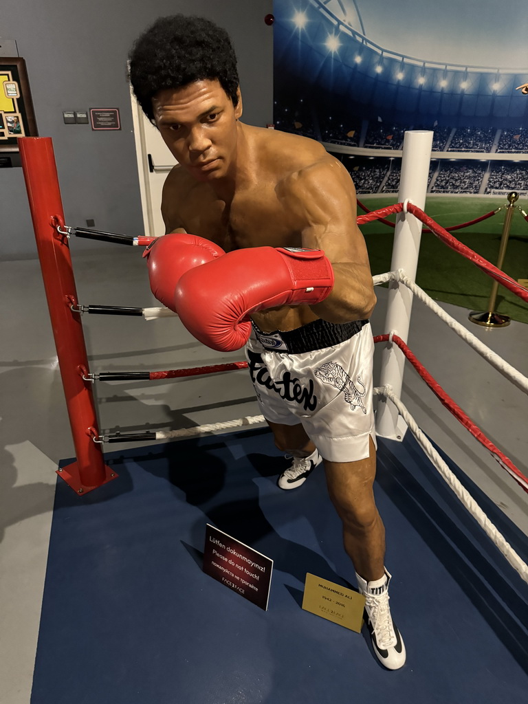 Statue of Mohammed Ali at the Face 2 Face Wax Museum at the Antalya Aquarium, with explanation