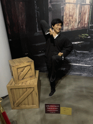 Statue of Jackie Chan at the Face 2 Face Wax Museum at the Antalya Aquarium, with explanation