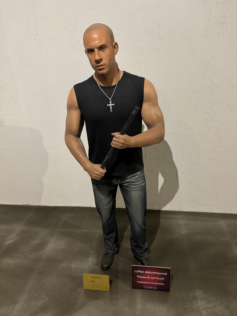 Statue of Vin Diesel at the Face 2 Face Wax Museum at the Antalya Aquarium, with explanation