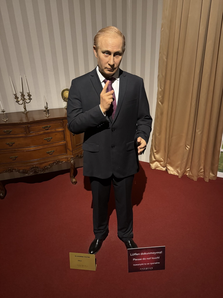 Statue of Vladimir Putin at the Face 2 Face Wax Museum at the Antalya Aquarium, with explanation