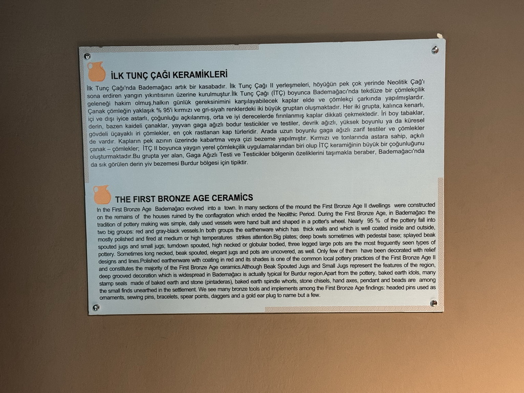 Information on the First Bronze Age Ceramics at the Nature History and Prehistory Gallery at the ground floor of the Antalya Archeology Museum