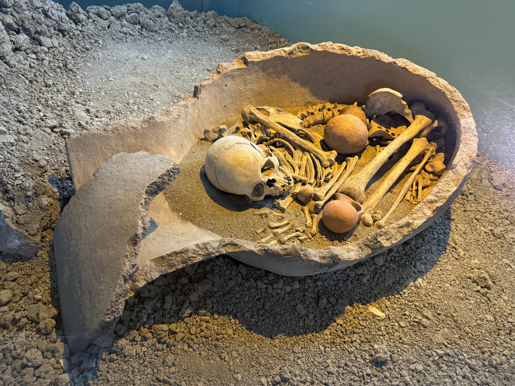 Bronze age burial urn with skeleton at the Nature History and Prehistory Gallery at the ground floor of the Antalya Archeology Museum