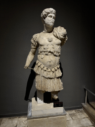 Statue of Emperor Hadrian at the Emperors Gallery at the ground floor of the Antalya Archeology Museum, with explanation