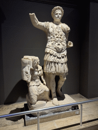 Statue of Emperor Traian at the Emperors Gallery at the ground floor of the Antalya Archeology Museum, with explanation