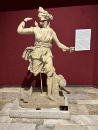 Statue of the Hunting Artemis at the Gods Gallery at the ground floor of the Antalya Archeology Museum, with explanation
