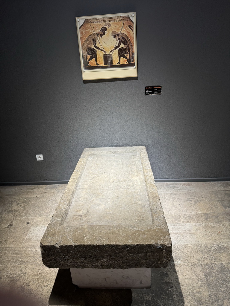 Game table at the Mosaic Hall at the ground floor of the Antalya Archeology Museum, with explanation