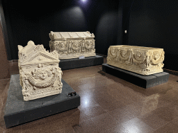 Sarcophagi at the Sarcophagus Gallery at the ground floor of the Antalya Archeology Museum, with explanation