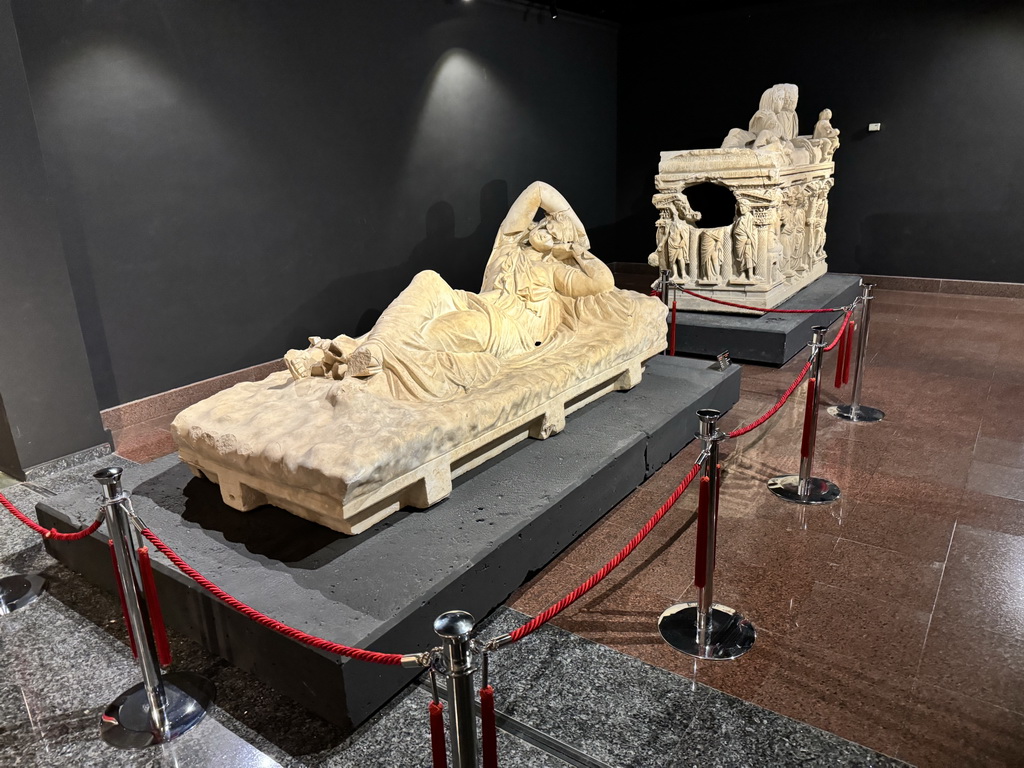 Sarcophagi at the Sarcophagus Gallery at the ground floor of the Antalya Archeology Museum, with explanation