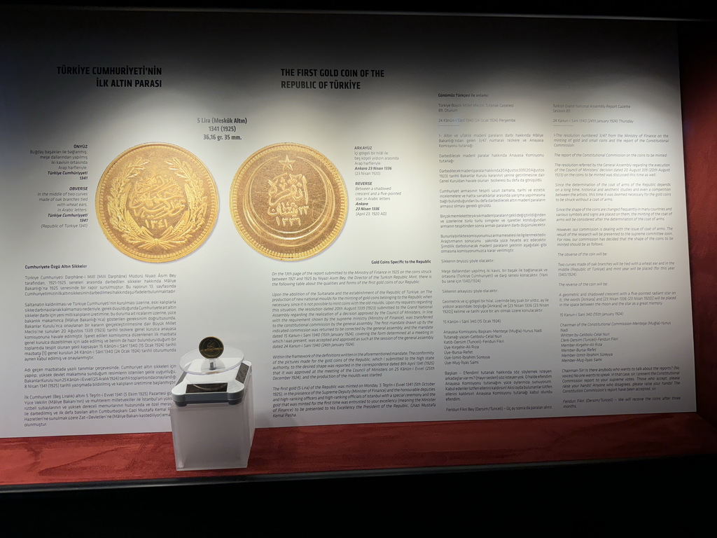 The first gold coin of the Republic of Türkiye at the Coin Room at the upper floor of the Antalya Archeology Museum, with explanation
