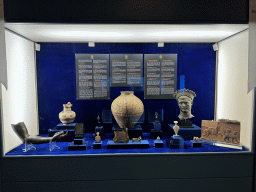 Vases, statuettes and other objects at the Small Objects Room at the upper floor of the Antalya Archeology Museum, with explanation