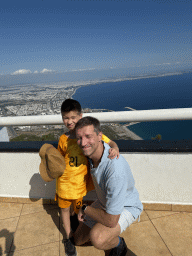 Tim and Max at the Tünektepe Teleferik Tesisleri upper station at the Tünek Tepe hill, with a view on the west side of the city, the city center, the Gulf of Antalya and the Setur Antalya Marina
