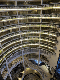 Central hall of the Rixos Downtown Antalya hotel, viewed from the top floor, by night