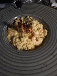 Risotto with saffron and shrimp at the terrace of the Turunc restaurant at the garden of the Rixos Downtown Antalya hotel, by night