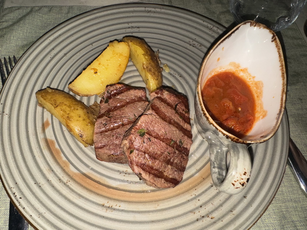 Mediterranean Steak Pieces at the terrace of the Turunc restaurant at the garden of the Rixos Downtown Antalya hotel, by night