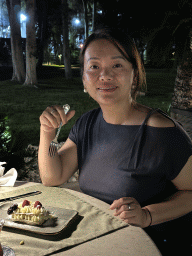 Miaomiao with a tropic mille feuille at the terrace of the Turunc restaurant at the garden of the Rixos Downtown Antalya hotel, by night