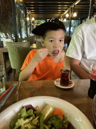 Max with a Turkish tea at the Pasa Bey Kebap restaurant