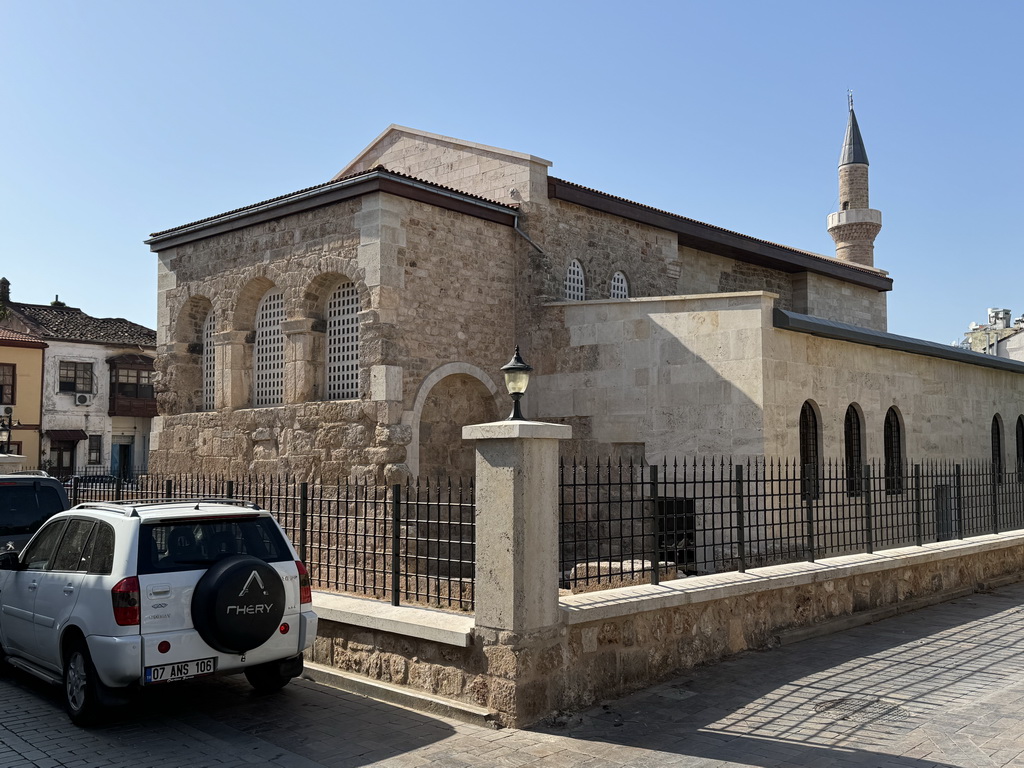 East side and minaret of the Sehzade Korkut Mosque at the Seferoglu Sokak alley