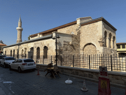 South side and minaret of the Sehzade Korkut Mosque at the Sakarya Sokak alley