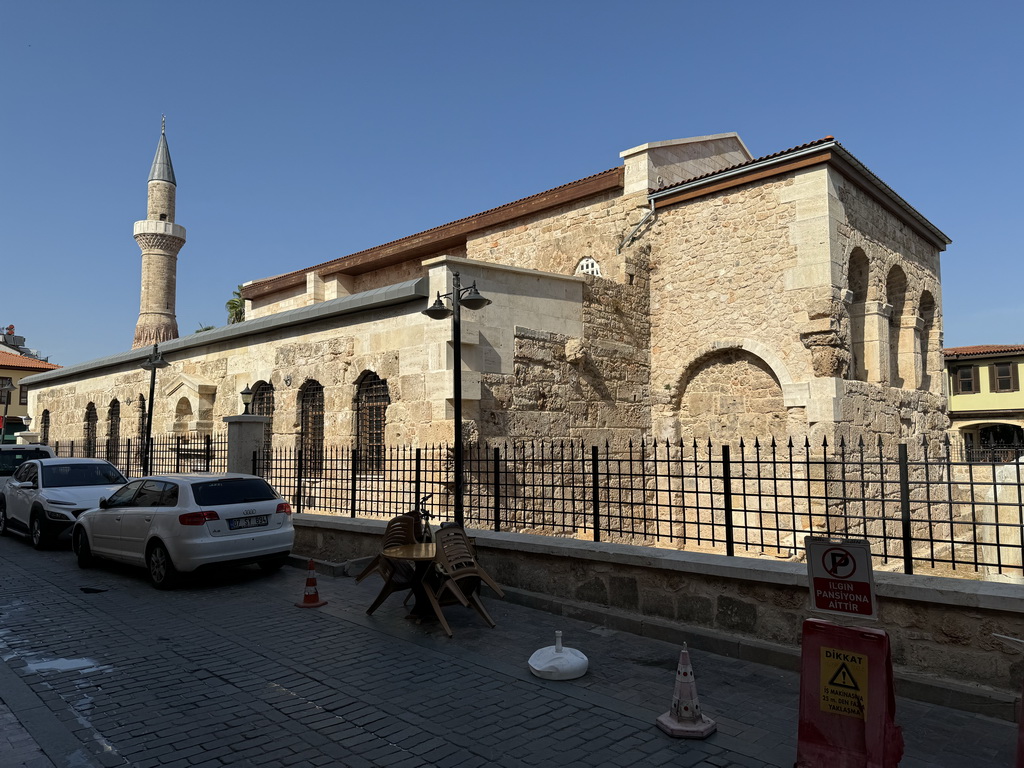 South side and minaret of the Sehzade Korkut Mosque at the Sakarya Sokak alley