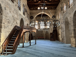 Staircase, pulpit, chandeleer, windows, mihrab and minbar at the Sehzade Korkut Mosque